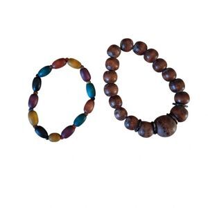 Brown and Multicolored Colorful Wooden Beaded Stretch Bracelets Bundle Set of 2